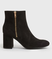 New Look Black Suedette Zip Square Toe Block Heel Ankle Boots